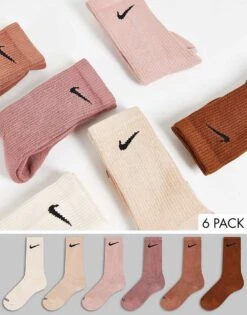 Nike Training Everyday Cushioned Plus 6 Pack Crew Socks In Brown For Men Multi