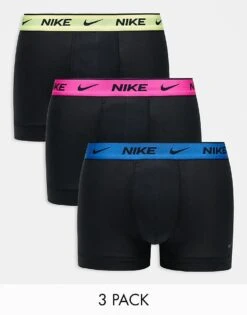 Nike Everyday Cotton Stretch Trunks 3 Pack In Black With Neon Waistband For Men