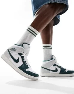 Air Jordan 1 Mid Trainers In White, Grey And Dark Green For Men