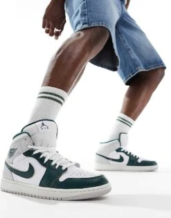 Air Jordan 1 Mid Trainers In White, Grey And Dark Green For Men -Nike Sales Store 206084125 4