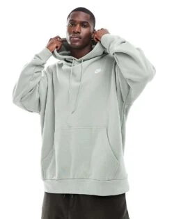 Nike Club French Terry Oversized Hoodie In Olive For Men Khaki