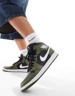 Nike Air Jordan 1 Mid Trainers In Black, Olive And White - MGREEN For Men Mid Green -Nike Sales Store 206610352 1 midgreen 1