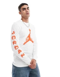 Jordan Flame Logo Long Sleeve T-shirt In White For Men
