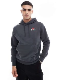 Nike Swoosh Floral Logo Hoodie In Dark Grey For Men -Nike Sales Store 206616230 3