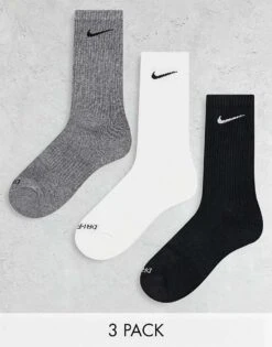 Nike Training Everyday Cushioned Plus 3 Pack Crew Socks In White, Grey And Black For Men Multi