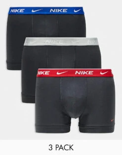 Nike Everyday Cotton Stretch 3 Pack Trunk With Coloured Waistband In Blue/grey/red For Men Multi