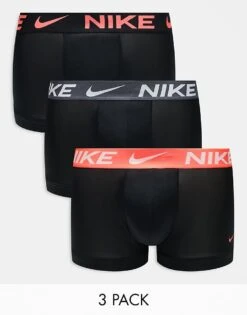 Nike Essential Microfibre 3 Pack Trunk With Coloured Waistbands In Red/pink/grey For Men Black