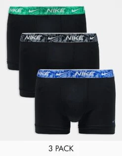 Nike Everyday Cotton Stretch 3 Pack Trunk With Coloured Waistband In Black/blue/green For Men