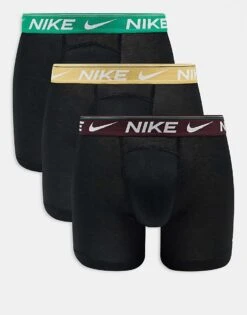 Nike Dri-Fit Ultra Comfort 3 Pack Boxer Brief With Coloured Waistband In Green/gold/burgundy For Men Black