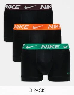 Nike Essential Microfibre 3 Pack Trunk With Coloured Waistbands In Orange/burgundy/green For Men Black