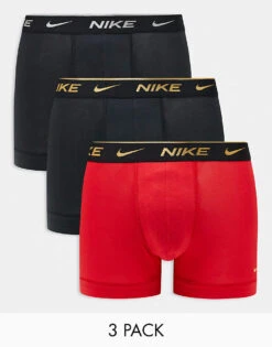 Nike Everyday Cotton Stretch 3 Pack Trunk In Black/red With Gold Waistband For Men Multi