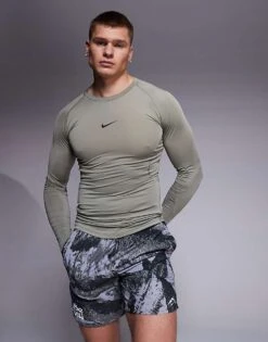 Nike Training Nike Pro Training Dri-FIT Muscle Fit Long Sleeve Top In Khaki For Men Green -Nike Sales Store 207051141 1 green 1