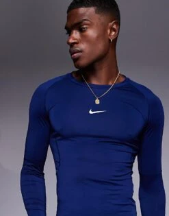Nike Training Nike Pro Training Dri-FIT Muscle Fit Long Sleeve Top In Navy For Men